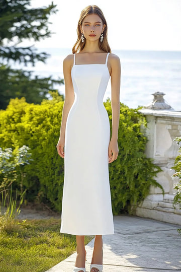Simple Spaghetti Straps Sheath White Satin Graduation Dress
